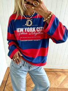 SuriyaCove 女款秋冬基礎條紋拼接拼色圓領長袖上衣，適合返校、旅行、休閒場合 - 彩色 - 查看 4