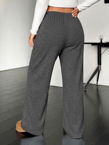 SHEIN EZwear Plus Size Casual Soft Drawstring Waist Loose Straight Leg Knit Pants Autumn Gym Formal Gray Fall - Dark Grey - View 2