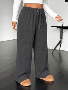 SHEIN EZwear Plus Size Casual Soft Drawstring Waist Loose Straight Leg Knit Pants Autumn Gym Formal Gray Fall - Dark Grey - View 5