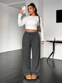 SHEIN EZwear Plus Size Casual Soft Drawstring Waist Loose Straight Leg Knit Pants Autumn Gym Formal Gray Fall - Dark Grey - View 4