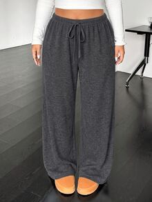 SHEIN EZwear Plus Size Casual Soft Drawstring Waist Loose Straight Leg Knit Pants Autumn Gym Formal Gray Fall - Dark Grey - View 1