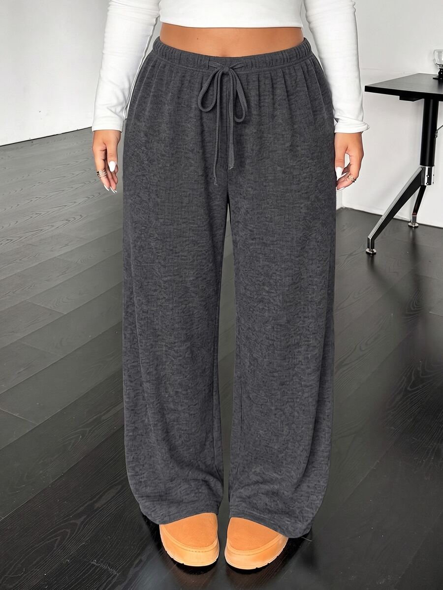 SHEIN EZwear Plus Size Casual Soft Drawstring Waist Loose Straight Leg Knit Pants Autumn Gym Formal Gray Fall - Dark Grey - View 1
