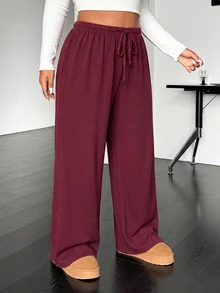 SHEIN EZwear Plus Size Casual Soft Drawstring Waist Loose Straight Leg Knit Pants Autumn Gym Formal Gray Fall - Burgundy - View 4