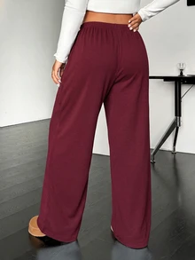 SHEIN EZwear Plus Size Casual Soft Drawstring Waist Loose Straight Leg Knit Pants Autumn Gym Formal Gray Fall - Burgundy - View 2