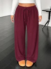 SHEIN EZwear Plus Size Casual Soft Drawstring Waist Loose Straight Leg Knit Pants Autumn Gym Formal Gray Fall - Burgundy - View 1
