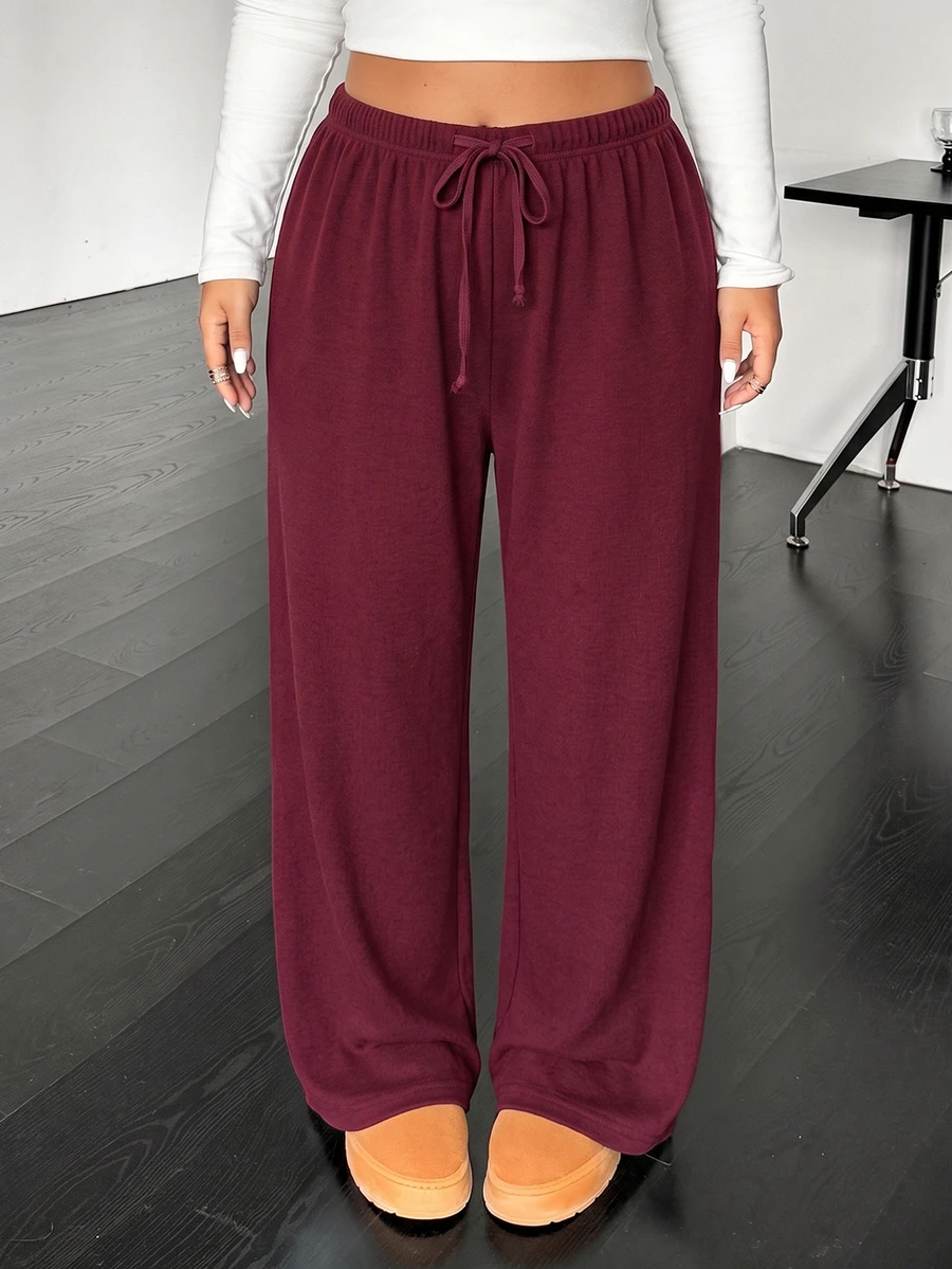 SHEIN EZwear Plus Size Casual Soft Drawstring Waist Loose Straight Leg Knit Pants Autumn Gym Formal Gray Fall - Burgundy - View 1