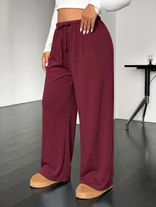 SHEIN EZwear Plus Size Casual Soft Drawstring Waist Loose Straight Leg Knit Pants Autumn Gym Formal Gray Fall - Burgundy - View 5