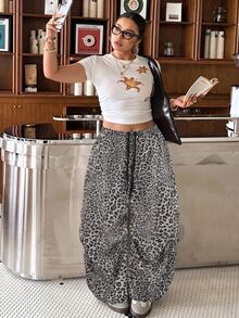 Muchica Plus Size Women's Dark Gray Leopard Print Drawstring High Waist Casual Versatile Wide Leg Pants (Daily Wear) - Dark Grey - View 6