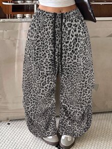 Muchica Plus Size Women's Dark Gray Leopard Print Drawstring High Waist Casual Versatile Wide Leg Pants (Daily Wear) - Dark Grey - View 5
