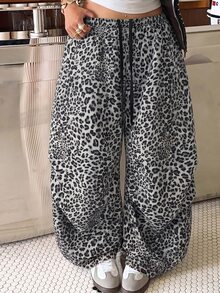 Muchica Plus Size Women's Dark Gray Leopard Print Drawstring High Waist Casual Versatile Wide Leg Pants (Daily Wear) - Dark Grey - View 1