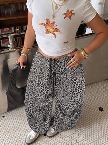 Muchica Plus Size Women's Dark Gray Leopard Print Drawstring High Waist Casual Versatile Wide Leg Pants (Daily Wear) - Dark Grey - View 3