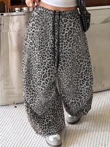 Muchica Plus Size Women's Dark Gray Leopard Print Drawstring High Waist Casual Versatile Wide Leg Pants (Daily Wear) - Dark Grey - View 4