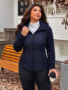 SHEIN EZwear Navy Blue Plus Size Women's Solid Color Zipper Casual Daily Winter Padded Jacket - Navy Blue - View 6