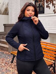 SHEIN EZwear Navy Blue Plus Size Women's Solid Color Zipper Casual Daily Winter Padded Jacket - Navy Blue - View 1
