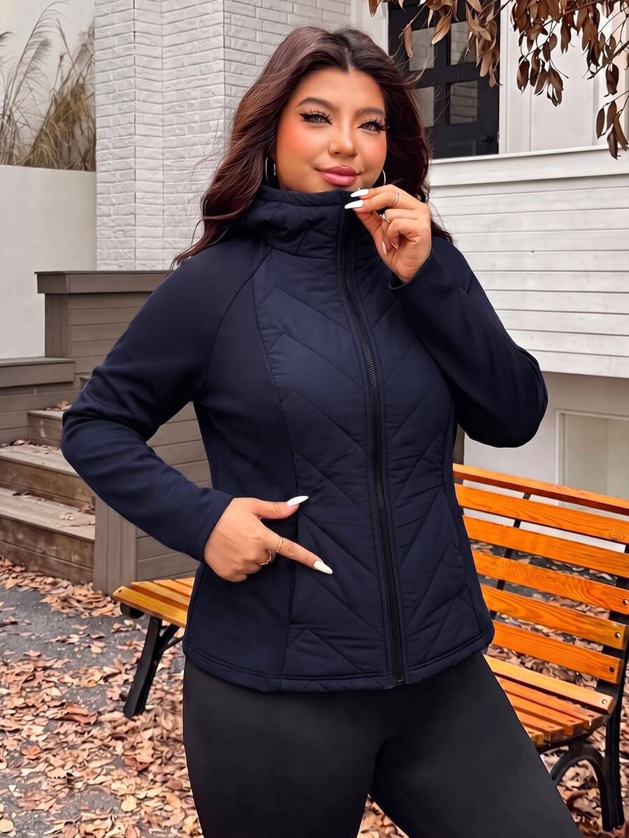 SHEIN EZwear Navy Blue Plus Size Women's Solid Color Zipper Casual Daily Winter Padded Jacket - Navy Blue - View 1