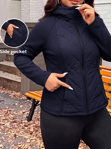 SHEIN EZwear Navy Blue Plus Size Women's Solid Color Zipper Casual Daily Winter Padded Jacket - Navy Blue - View 7