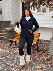 SHEIN EZwear Navy Blue Plus Size Women's Solid Color Zipper Casual Daily Winter Padded Jacket - Navy Blue - View 8