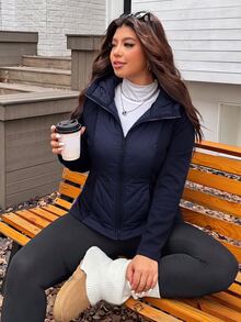SHEIN EZwear Navy Blue Plus Size Women's Solid Color Zipper Casual Daily Winter Padded Jacket - Navy Blue - View 5