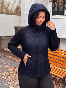 SHEIN EZwear Navy Blue Plus Size Women's Solid Color Zipper Casual Daily Winter Padded Jacket - Navy Blue - View 4