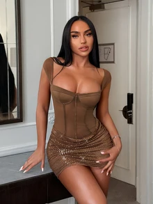 SHEIN SXY 女款亮面百褶時尚派對短洋裝 - 灰色 - 查看 6