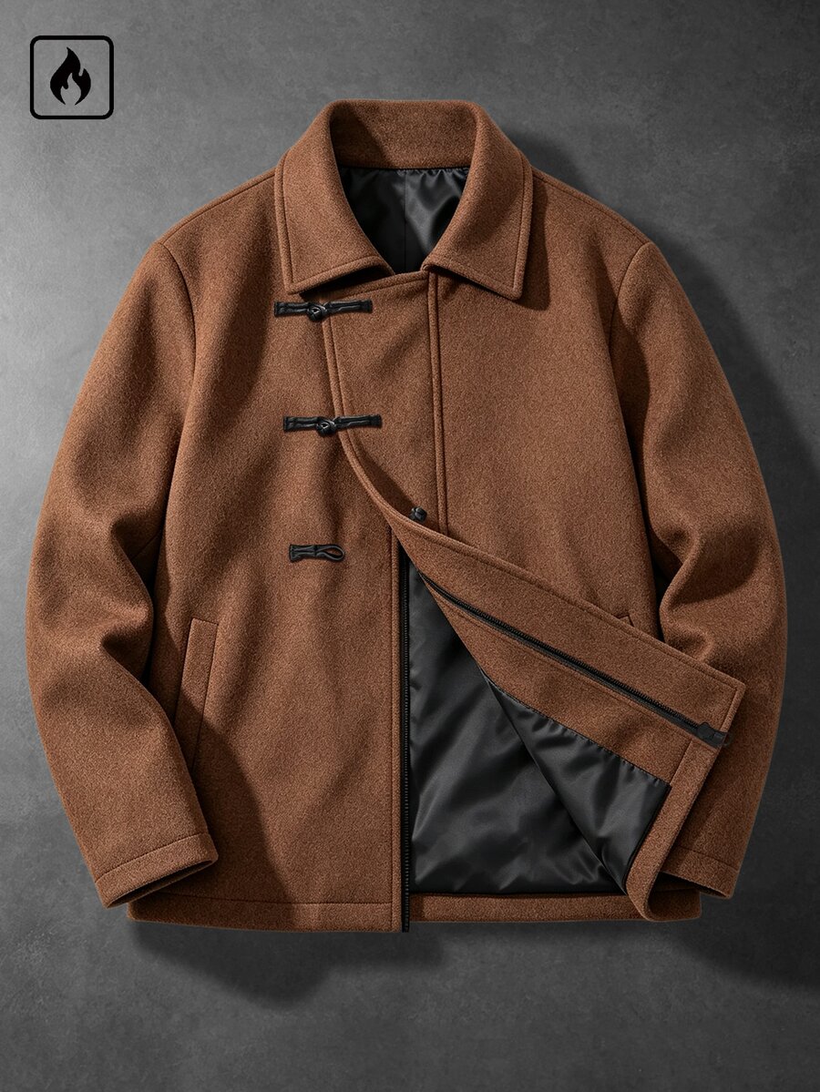 Manfinity Homme Men's Wool Blend Lapel Jacket, Frog Button Decor, Zipper Closure, Casual Everyday Outerwear For Autumn/Winter, Brown - Brown - View 1