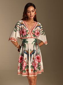 SHEIN Swim 2026SS 春夏新款椰子樹圖案印花度假海灘海濱休閒女款罩衫 - 彩色 - 查看 5