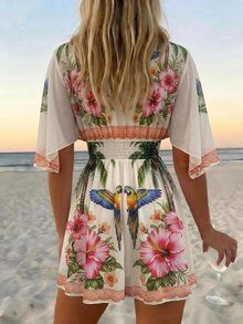 SHEIN Swim 2026SS 春夏新款椰子樹圖案印花度假海灘海濱休閒女款罩衫 - 彩色 - 查看 2
