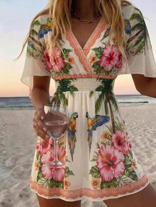 SHEIN Swim 2026SS 春夏新款椰子樹圖案印花度假海灘海濱休閒女款罩衫 - 彩色 - 查看 4