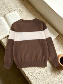 Tween Boys Brown Stripe Casual Preppy Sweater, Versatile Autumn/Winter Essential Layering Piece Long Sleeve Embroidered,Back To School Clothes School - Grey - View 3