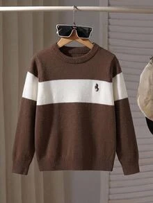 Tween Boys Brown Stripe Casual Preppy Sweater, Versatile Autumn/Winter Essential Layering Piece Long Sleeve Embroidered,Back To School Clothes School - Grey - View 2