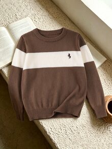 Tween Boys Brown Stripe Casual Preppy Sweater, Versatile Autumn/Winter Essential Layering Piece Long Sleeve Embroidered,Back To School Clothes School - Grey - View 7