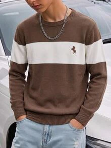 Tween Boys Brown Stripe Casual Preppy Sweater, Versatile Autumn/Winter Essential Layering Piece Long Sleeve Embroidered,Back To School Clothes School - Grey - View 8