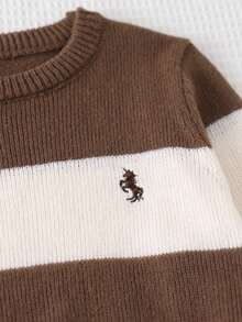 Tween Boys Brown Stripe Casual Preppy Sweater, Versatile Autumn/Winter Essential Layering Piece Long Sleeve Embroidered,Back To School Clothes School - Grey - View 4
