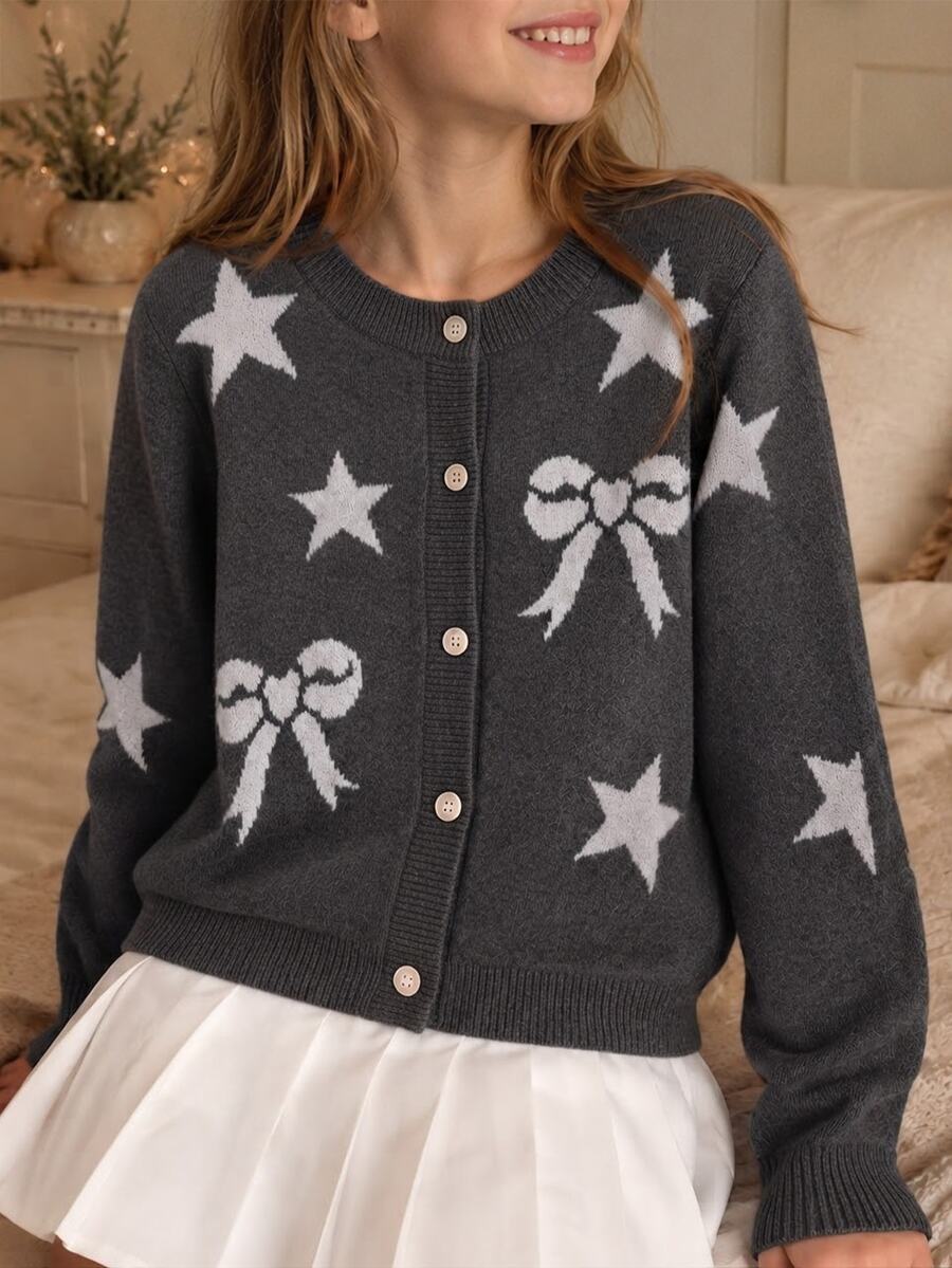 SHEIN Autumn Tween Girl Round Neck Long Sleeve Bow Heart Knit Cardigan, Back To School, Cozy Soft, Festival Christmas Off Campus Grey Graphic Cute - Dark Grey - View 1