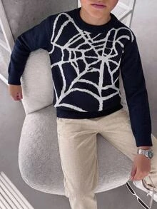 SHEIN Tween Boy Street Style Spider Graphic Knit Pullover Sweater, Suitable For Halloween, Everyday Wear, Autumn/Winter, Back To School, Festival - Navy Blue - View 9