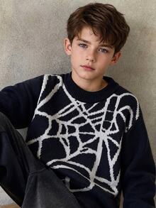 SHEIN Tween Boy Street Style Spider Graphic Knit Pullover Sweater, Suitable For Halloween, Everyday Wear, Autumn/Winter, Back To School, Festival - Navy Blue - View 3