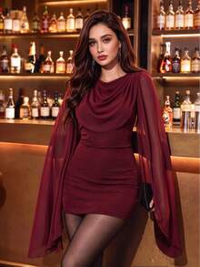 Auvina Burgundy Cowl Neck Chiffon Long Sleeve Bodycon Mini Dress For Women, Elegant Sexy Ruched Fitted Fall Evening Party Cocktail Night Out, Graduation - Burgundy - View 4