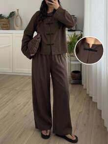 Easowa Curve Plus Size Women Solid Color Frog Button Long Sleeve Top And Pants Casual 80s 90s Daily 2 Pieces Set Autumn Formal Vacation Brown Party - Brown - View 8