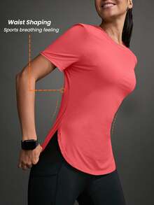 SHEIN Sports Women's Casual Solid Color Curved Hem Outdoor Sports T-Shirt, Summer Gym Shirts - Watermelon Pink - View 4