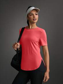 SHEIN Sports Women's Casual Solid Color Curved Hem Outdoor Sports T-Shirt, Summer Gym Shirts - Watermelon Pink - View 11