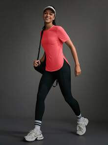 SHEIN Sports Women's Casual Solid Color Curved Hem Outdoor Sports T-Shirt, Summer Gym Shirts - Watermelon Pink - View 8
