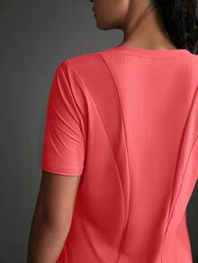 SHEIN Sports Women's Casual Solid Color Curved Hem Outdoor Sports T-Shirt, Summer Gym Shirts - Watermelon Pink - View 15