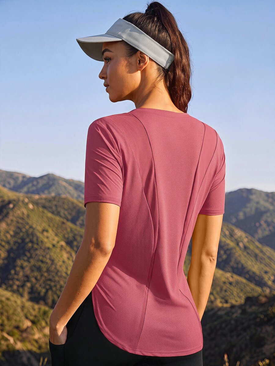 SHEIN Sports Women's Casual Solid Color Curved Hem Outdoor Sports T-Shirt, Summer Gym Shirts