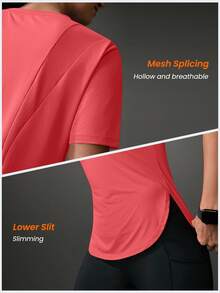 SHEIN Sports Women's Casual Solid Color Curved Hem Outdoor Sports T-Shirt, Summer Gym Shirts - Watermelon Pink - View 13