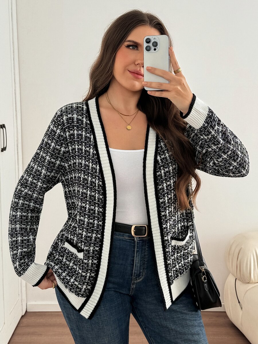Easowa Curve Plus Size Women's Plaid Long Sleeve Open Front Knit Cardigan Autumn Office Working Formal Black And White Casual Elegant - Black and White - View 1