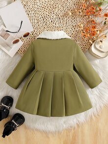 SHEIN Explorewe 女嬰可愛蝴蝶結前襟毛絨領外套，厚實抓絨內裡 A 字版型長袖保暖外衣，適合寒冷天氣，優雅綠色冬季牛仔女孩風 - 橄欖綠 - 查看 2