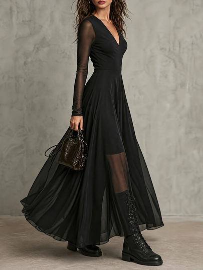 LUMIGAL Women's V-Neck Mesh Patchwork Dress