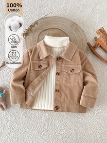 SHEIN 男嬰秋冬純棉駱駝色燈芯絨夾克，休閒復古長袖翻領外套 - 棕色 - 查看 4