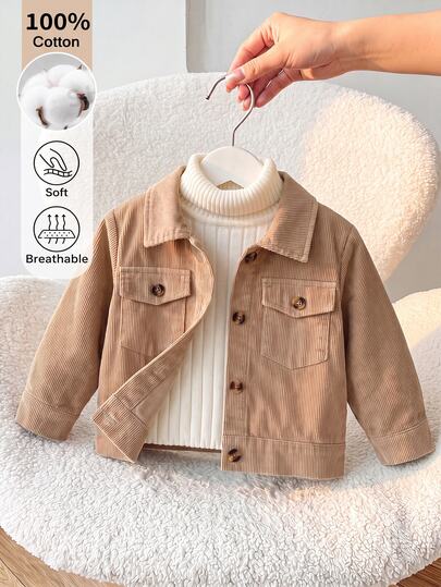 SHEIN Baby Boy Autumn/Winter Pure Cotton Brown Corduroy Jacket, 0-3 Years Old, Pocket Cargo Style Style Single-Breasted Coat, Suitable For Outdoor Play And Daily Wear