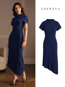 Anewsta Women's Elegant Semi-High Neck Knitted Long Dress, Slim Fit Solid Color Commuter Versatile Holiday Dress For Spring And Autumn - Navy Blue - View 1